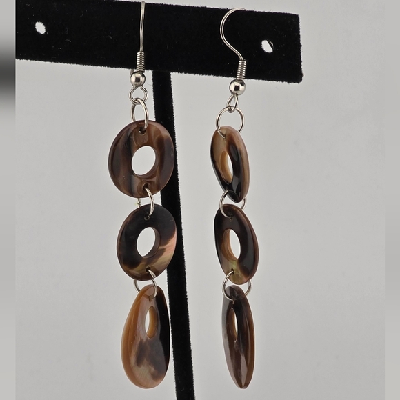 Iridescent Shell Dangle Earrings 3" Drop Triple Disc Boho Beach Jewelry Gift - Picture 6 of 10